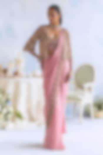 Candy Pink Chiffon Hand Embroidered Jacket Reception Saree Set by Ridhima Bhasin at Pernia's Pop Up Shop