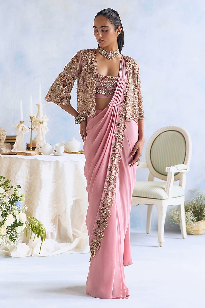 Candy Pink Chiffon Hand Embroidered Jacket Reception Saree Set by Ridhima Bhasin at Pernia's Pop Up Shop