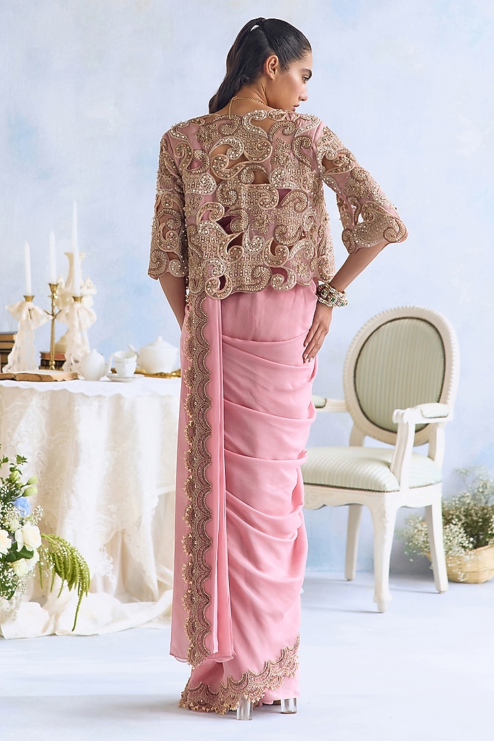 Candy Pink Chiffon Hand Embroidered Jacket Reception Saree Set by Ridhima Bhasin at Pernia's Pop Up Shop