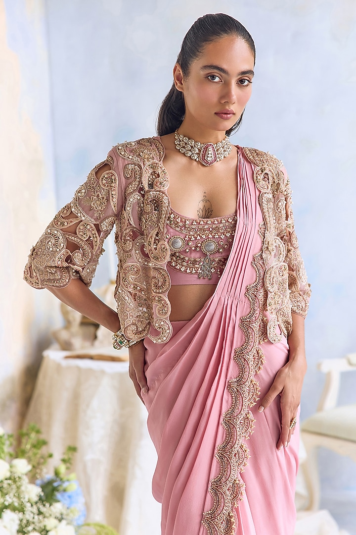 Candy Pink Chiffon Hand Embroidered Jacket Reception Saree Set by Ridhima Bhasin at Pernia's Pop Up Shop