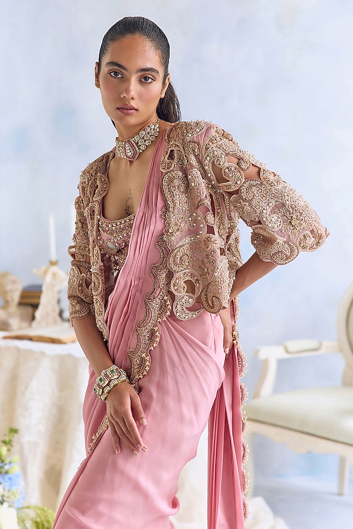 Candy Pink Chiffon Hand Embroidered Jacket Reception Saree Set by Ridhima Bhasin at Pernia's Pop Up Shop