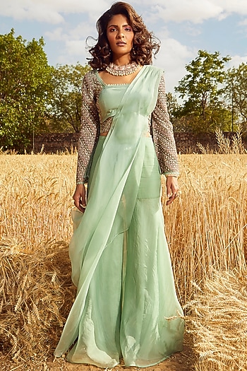 Aqua Green Organza & Chiffon Sharara Wedding Saree Set by Ridhima Bhasin at Pernia's Pop Up Shop