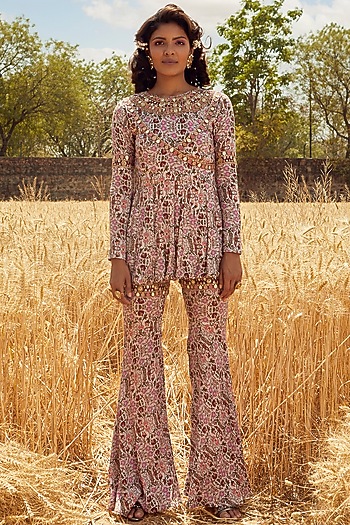 Grey Hand Embroidered Peplum Angrakha Kurta Set by Ridhima Bhasin at Pernia's Pop Up Shop