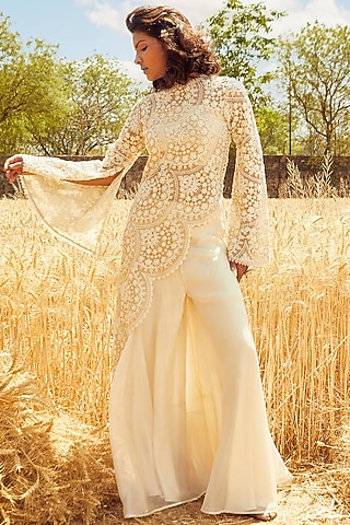 Ivory Embroidered Scalloped Kurta Set by Ridhima Bhasin