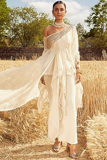 Ivory Hand Embroidered One Shoulder Throw Kurta Set by Ridhima Bhasin at Pernia's Pop Up Shop