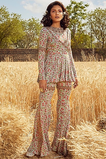 Aqua Green Hand Embroidered & Printed Peplum Angrakha Kurta Set by Ridhima Bhasin at Pernia's Pop Up Shop