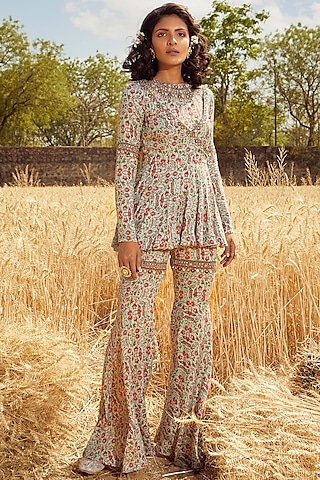 Aqua Green Hand Embroidered & Printed Peplum Angrakha Kurta Set by Ridhima Bhasin
