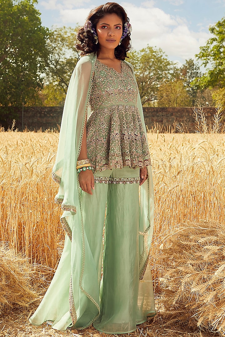 Aqua Green Hand & Machine Embroidered Sharara Set by Ridhima Bhasin