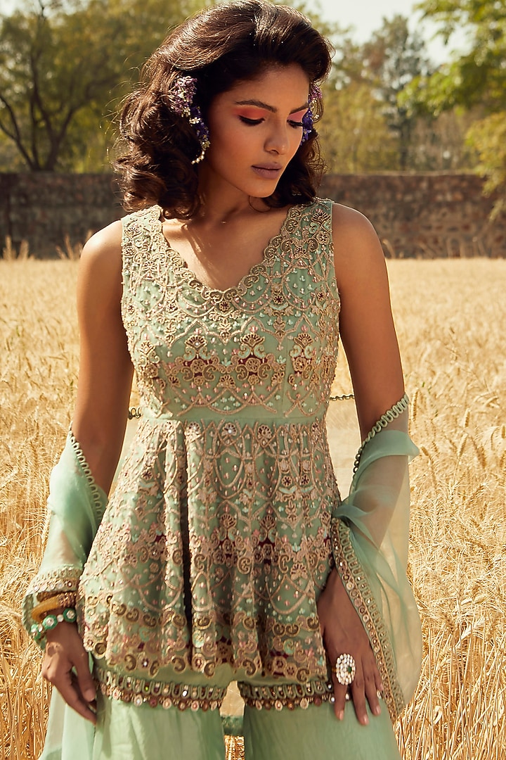 Aqua Green Hand & Machine Embroidered Wedding Sharara Set by Ridhima Bhasin at Pernia's Pop Up Shop