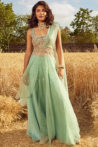 Aqua Green Organza Sharara Saree Set by Ridhima Bhasin