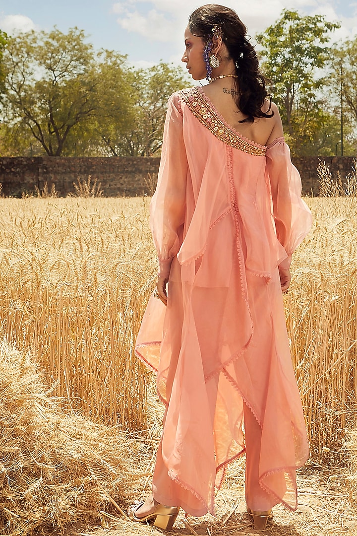 Pink Hand Embroidered One Shoulder Throw Kurta Set by Ridhima Bhasin at Pernia's Pop Up Shop