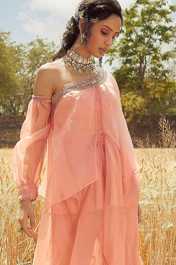 Pink Hand Embroidered One Shoulder Throw Kurta Set by Ridhima Bhasin at Pernia's Pop Up Shop
