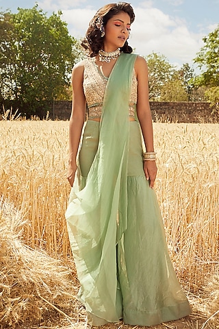 Aqua Green Organza & Chiffon Sharara Saree Set by Ridhima Bhasin