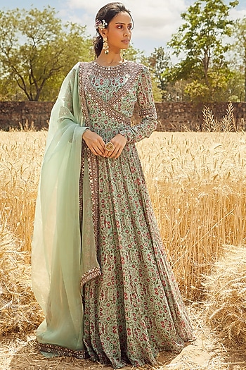 Aqua Green Hand Embroidered & Printed Angrakha Wedding Anarkali Set by Ridhima Bhasin at Pernia's Pop Up Shop