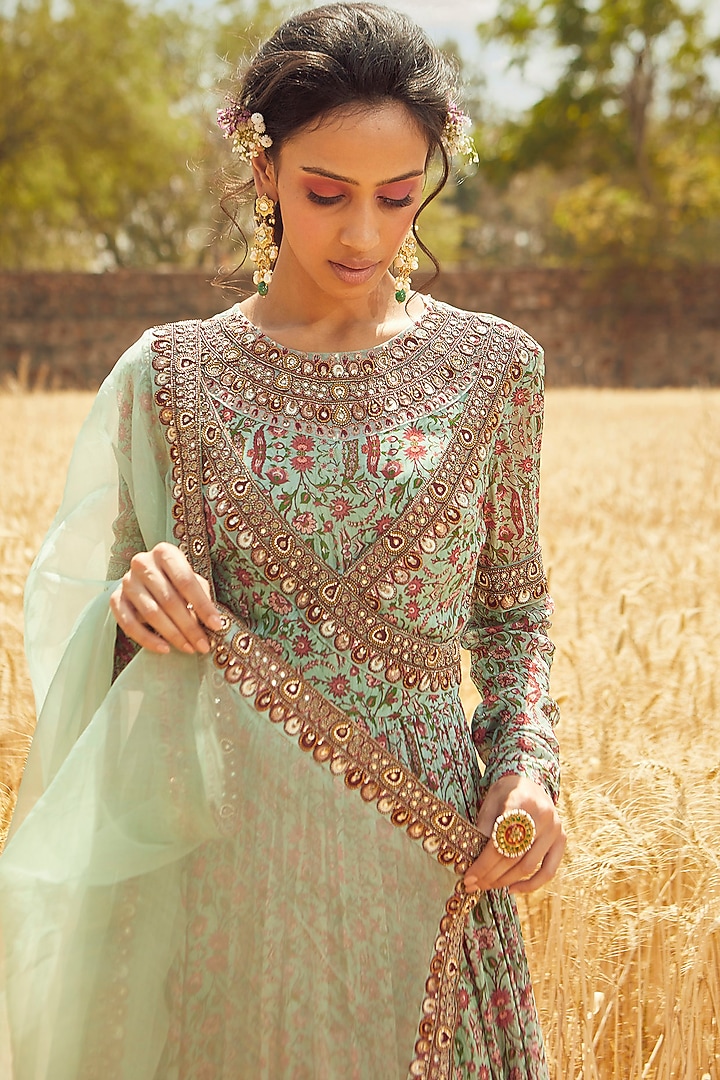 Aqua Green Hand Embroidered & Printed Angrakha Wedding Anarkali Set by Ridhima Bhasin at Pernia's Pop Up Shop