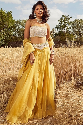 Shop Yellow Embroidered Cape Lehenga Set for Women Online from