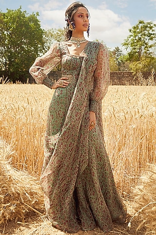 Aqua Green Organza Hand Embroidered & Printed Sharara Set by Ridhima Bhasin