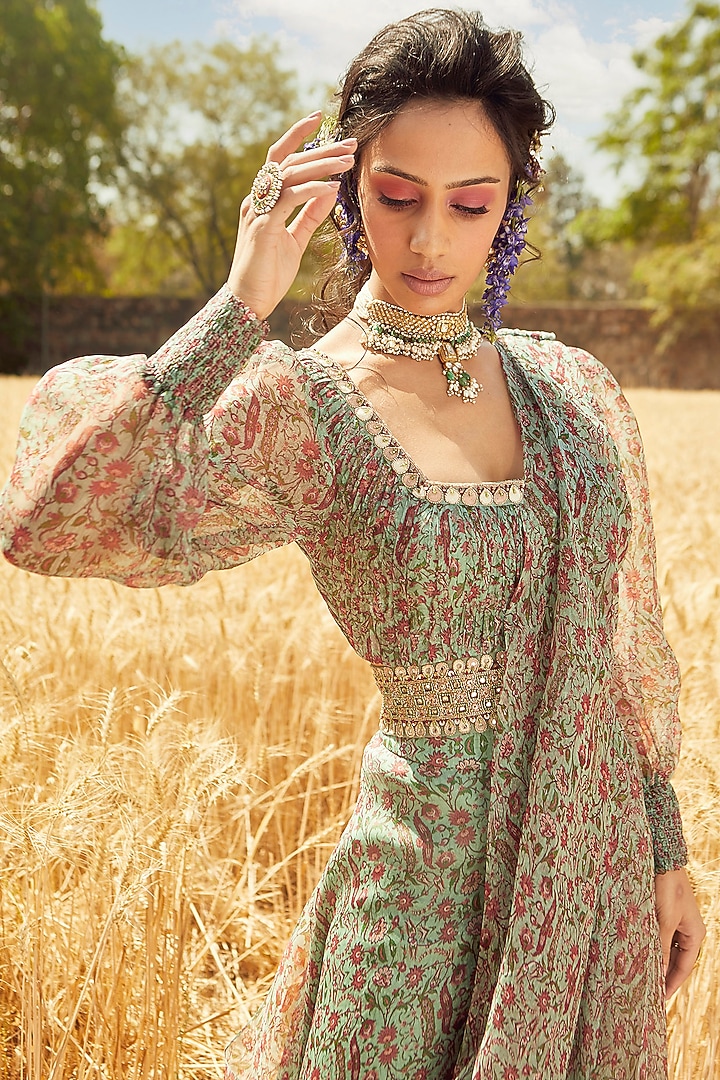 Aqua Green Organza Hand Embroidered & Printed Sharara Set by Ridhima Bhasin at Pernia's Pop Up Shop