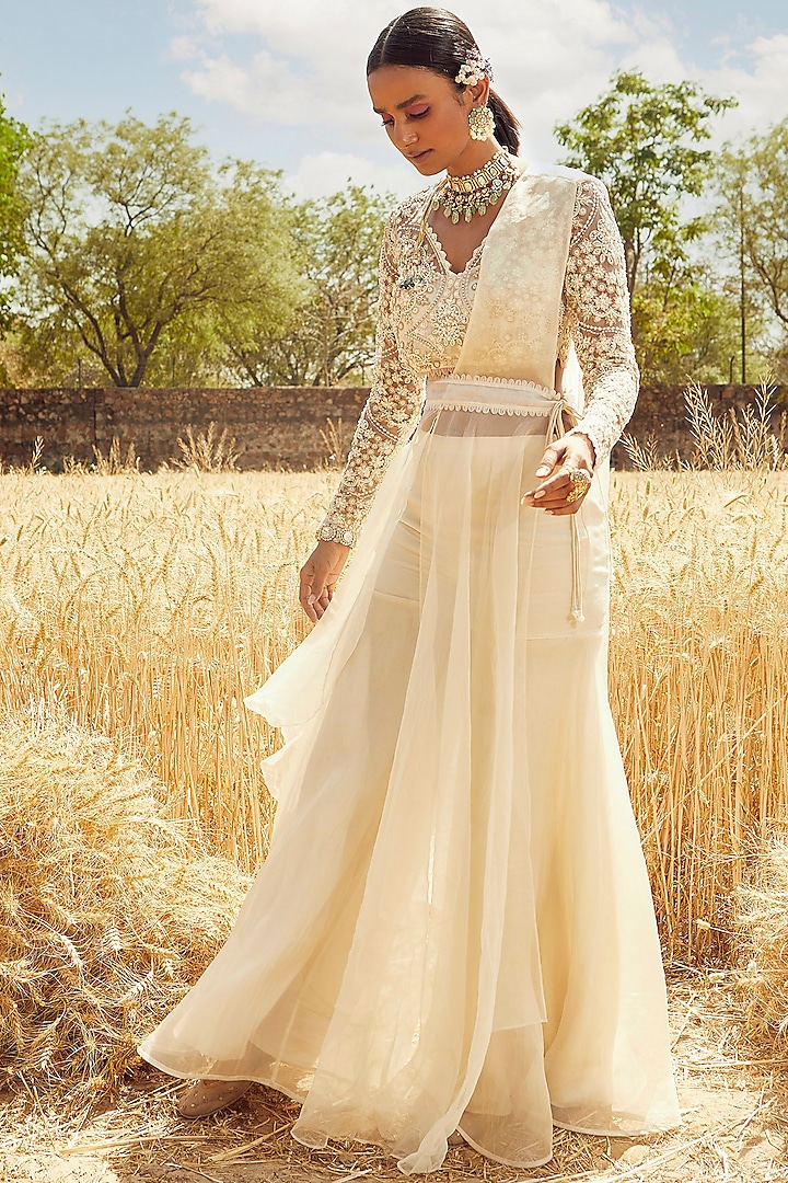 Ivory Hand Embroidered Wedding Sharara Set by Ridhima Bhasin at Pernia's Pop Up Shop