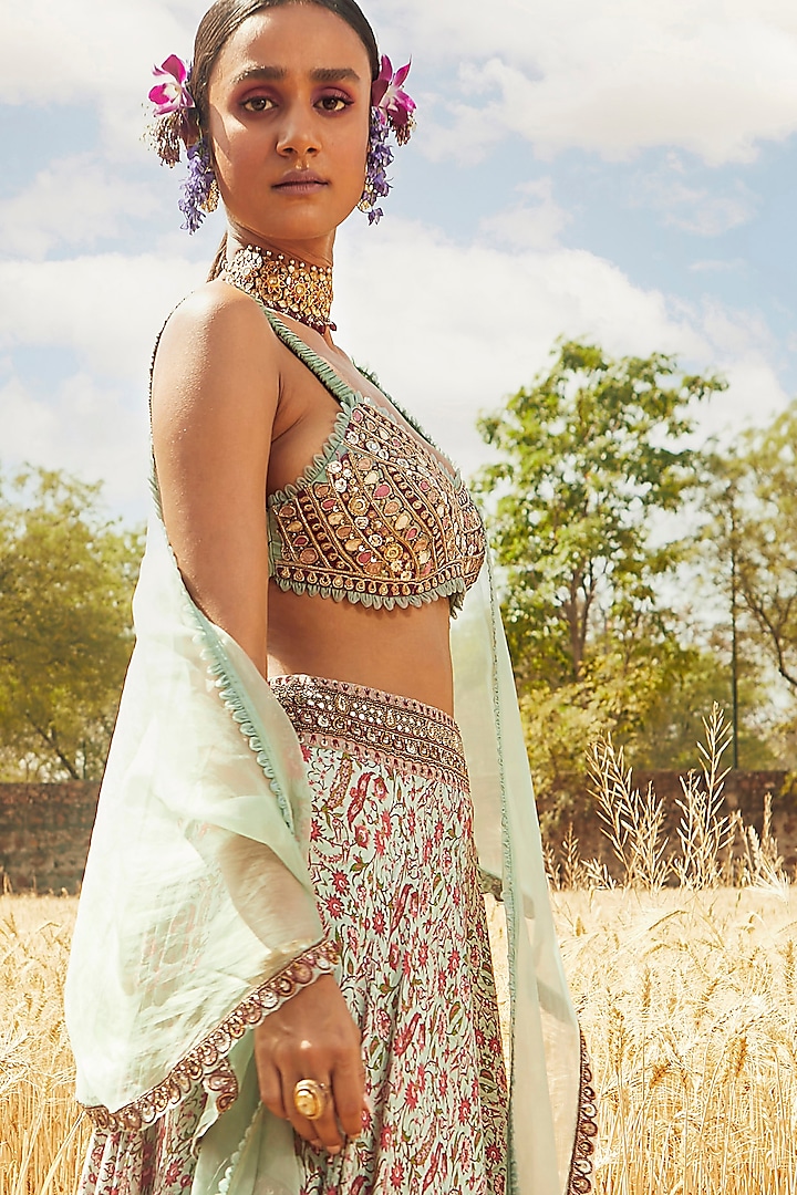 Aqua Green Hand & Machine Embroidered Wedding Lehenga Set by Ridhima Bhasin at Pernia's Pop Up Shop