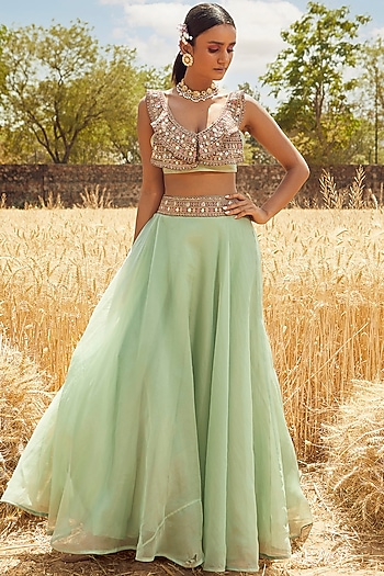 Aqua Green Hand & Machine Embroidered High-Waisted Wedding Lehenga Set by Ridhima Bhasin at Pernia's Pop Up Shop