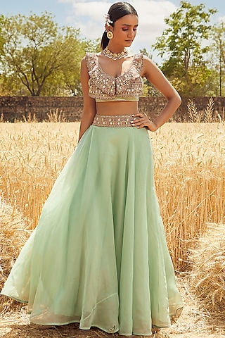 Aqua Green Hand & Machine Embroidered High-Waisted Lehenga Set by Ridhima Bhasin