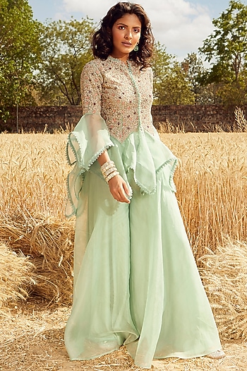 Aqua Green Hand & Machine Embroidered Wedding Sharara Set by Ridhima Bhasin at Pernia's Pop Up Shop