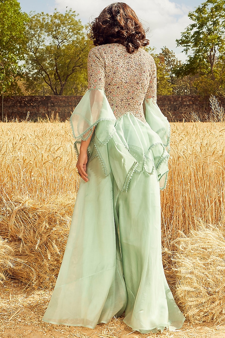 Aqua Green Hand & Machine Embroidered Wedding Sharara Set by Ridhima Bhasin at Pernia's Pop Up Shop