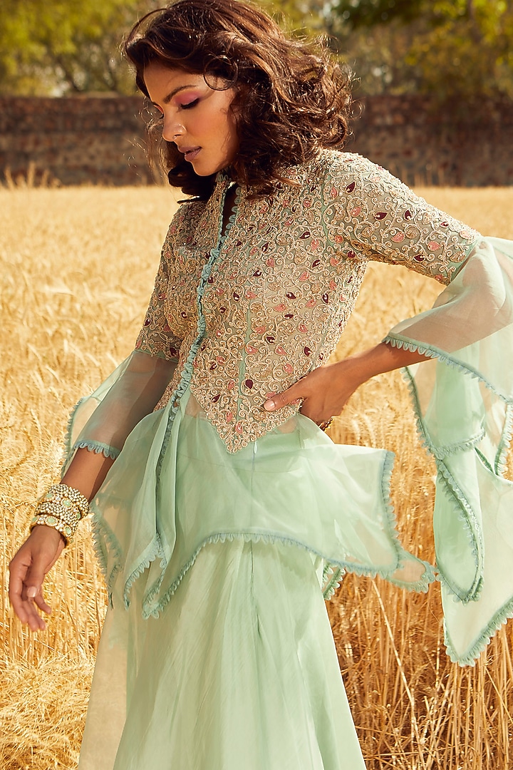 Aqua Green Hand & Machine Embroidered Wedding Sharara Set by Ridhima Bhasin at Pernia's Pop Up Shop