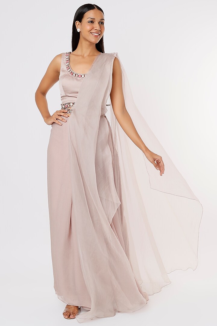 Blush Pink Chiffon & Organza Pre-Draped Wedding Saree Set by Ridhima Bhasin at Pernia's Pop Up Shop