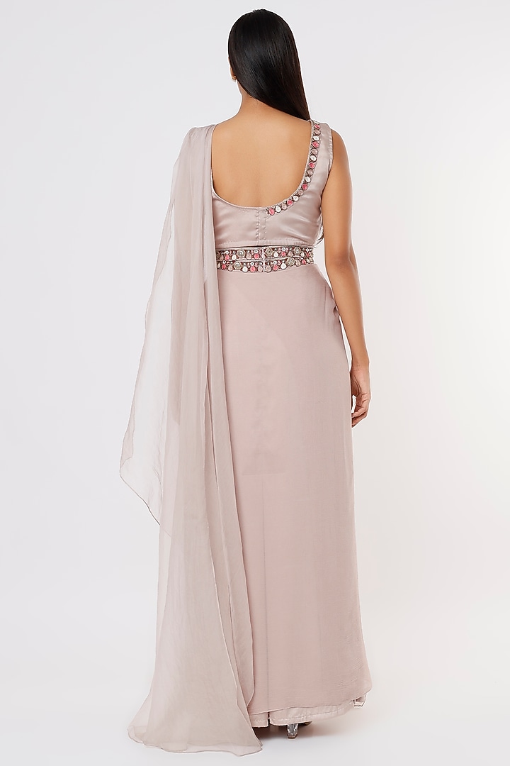 Blush Pink Chiffon & Organza Pre-Draped Wedding Saree Set by Ridhima Bhasin at Pernia's Pop Up Shop