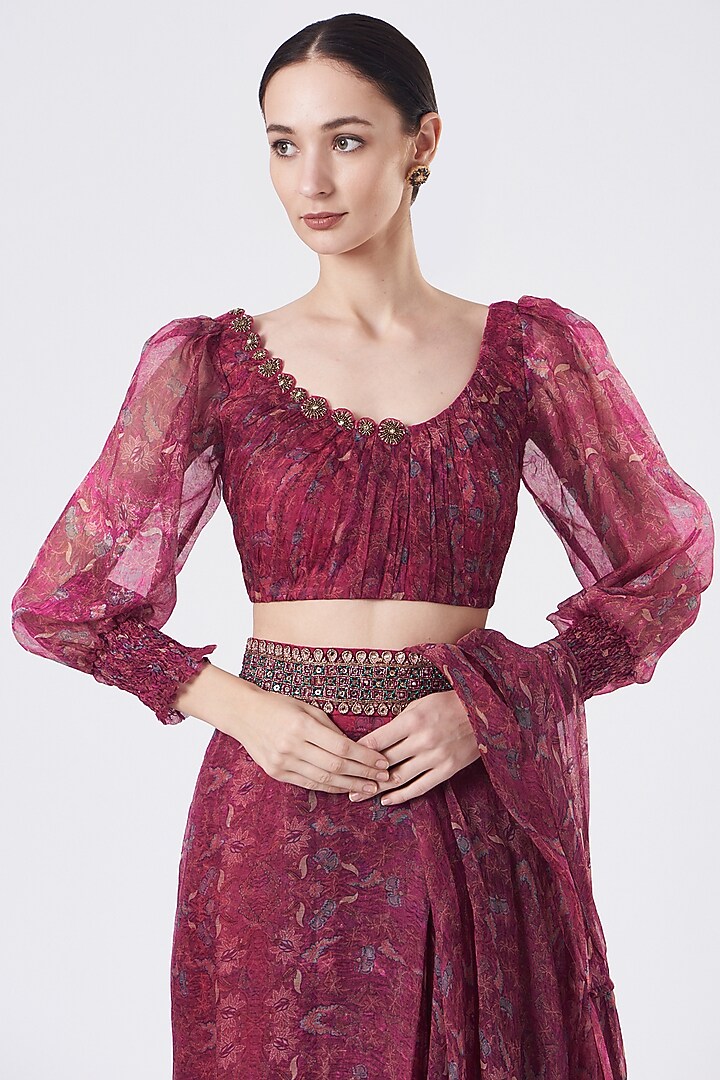 Red Organza Pre-Draped Sharara Wedding Saree Set by Ridhima Bhasin at Pernia's Pop Up Shop