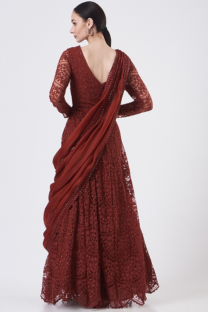 Reddish Maroon Embroidered Bridal Anarkali Set by Ridhima Bhasin at Pernia's Pop Up Shop