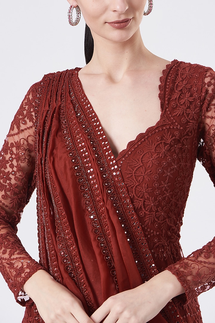 Reddish Maroon Embroidered Bridal Anarkali Set by Ridhima Bhasin at Pernia's Pop Up Shop