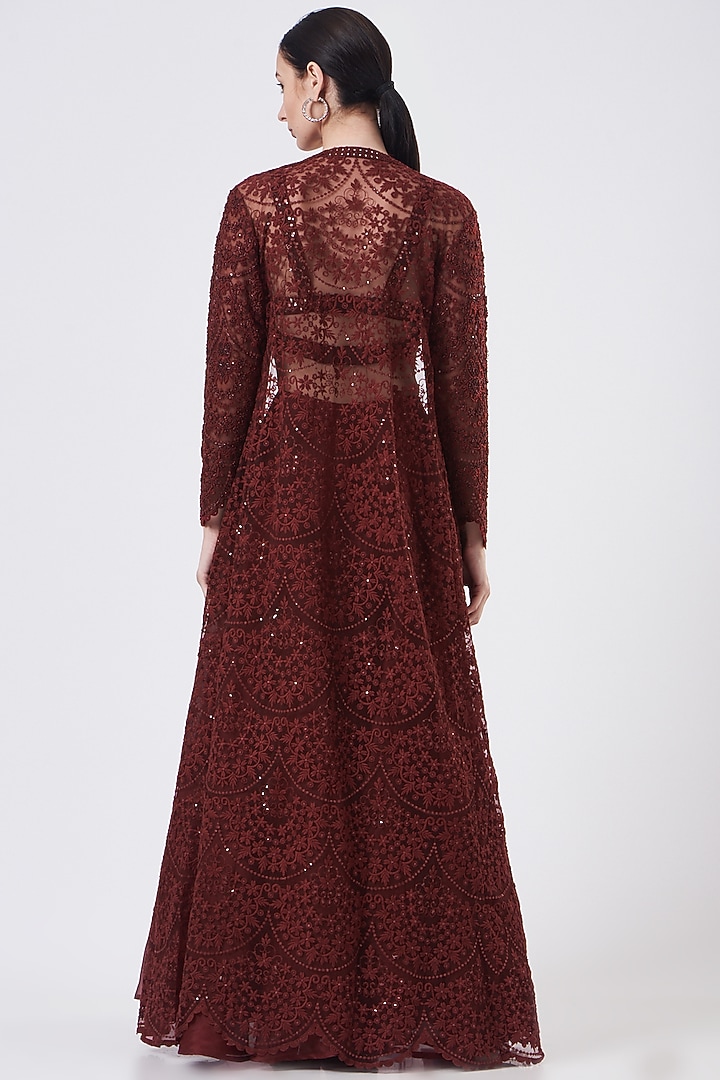 Reddish Maroon Tulle Wedding Lehenga Set by Ridhima Bhasin at Pernia's Pop Up Shop