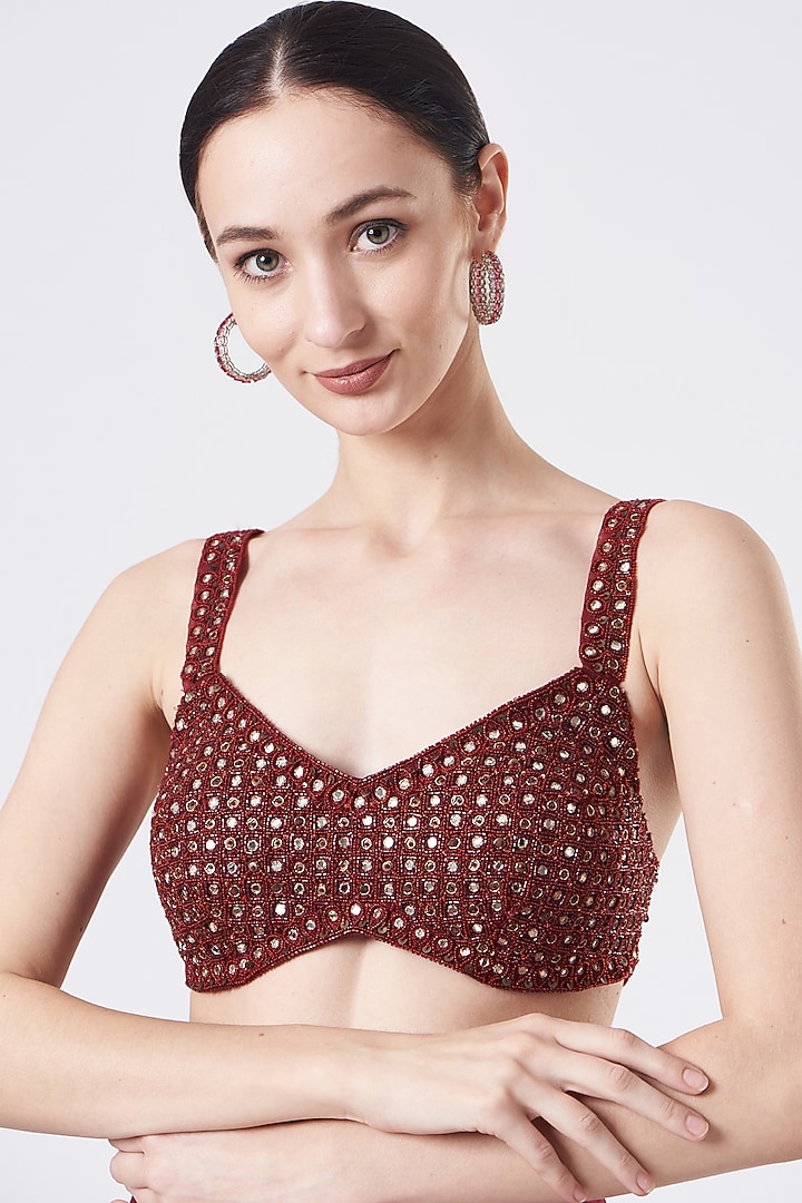 Reddish Maroon Tulle Wedding Lehenga Set by Ridhima Bhasin at Pernia's Pop Up Shop