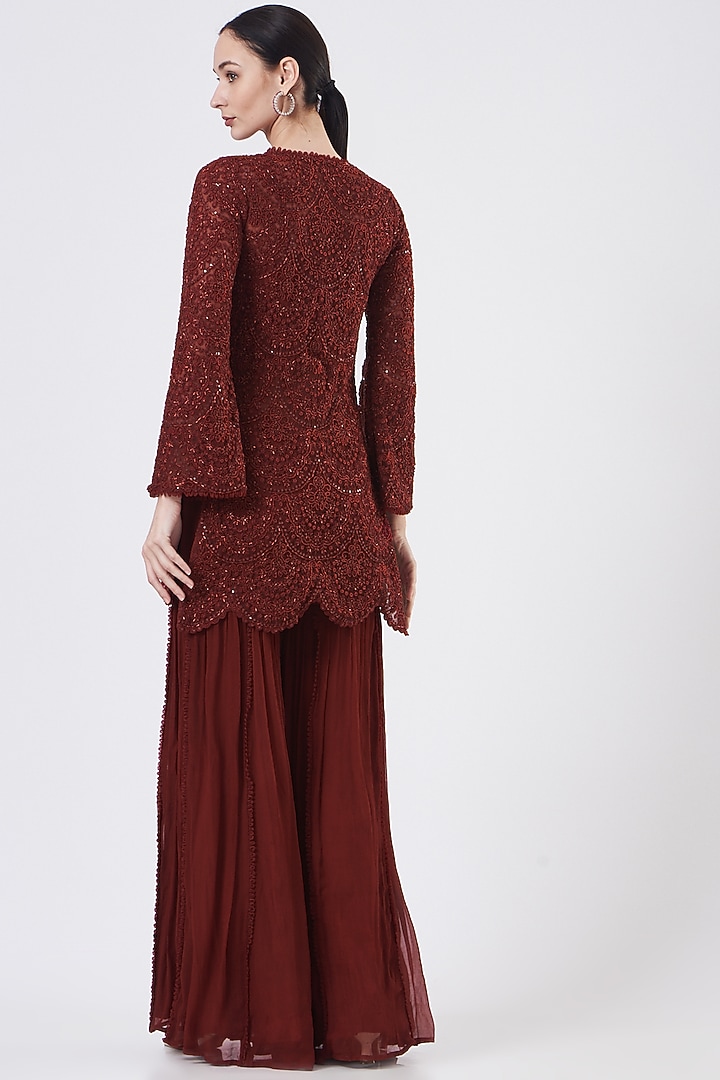 Reddish Maroon Organza Wedding Sharara Set by Ridhima Bhasin at Pernia's Pop Up Shop