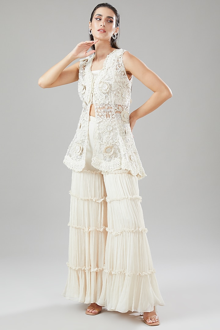 Ivory Tulle & Crepe Bridal Sharara Set by Ridhima Bhasin at Pernia's Pop Up Shop