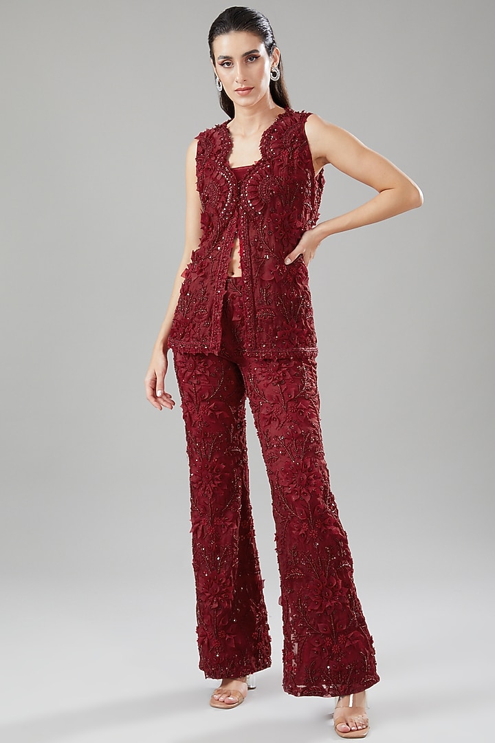 Red Tulle & Crepe Embroidered Co-Ord Set by Ridhima Bhasin at Pernia's Pop Up Shop