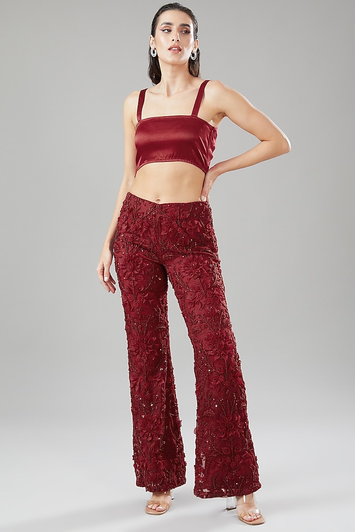 Red Tulle Crepe Embroidered Co-Ord Set by Ridhima Bhasin at