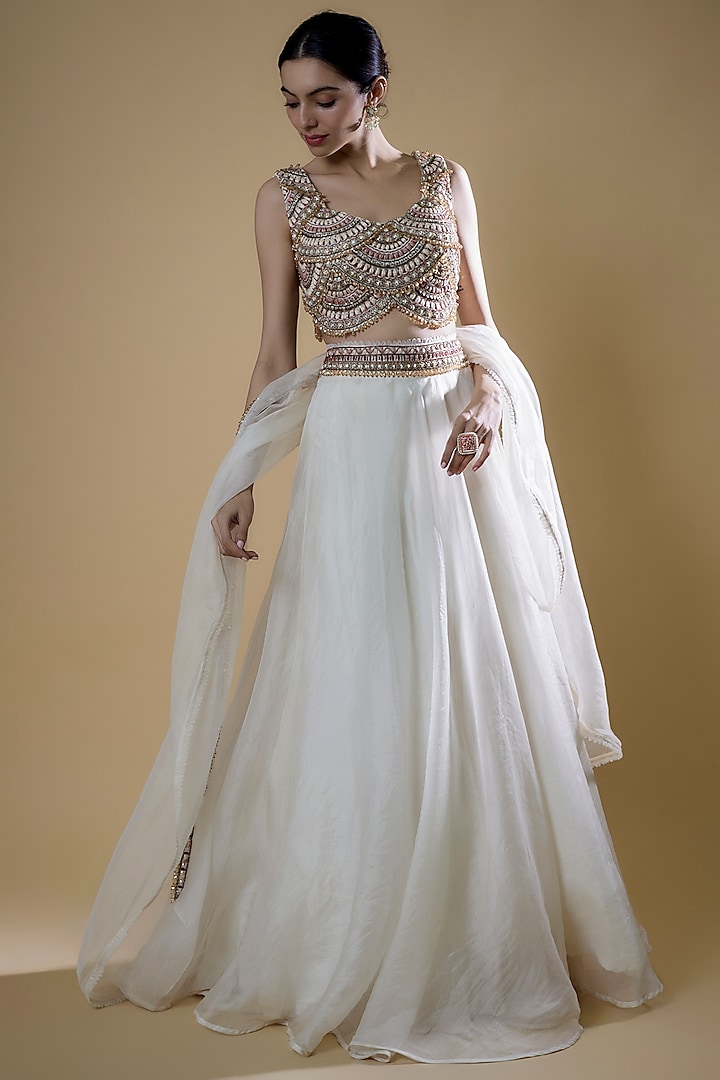 Ivory Organza Hand Embroidered Wedding Lehenga Set by Ridhima Bhasin at Pernia's Pop Up Shop