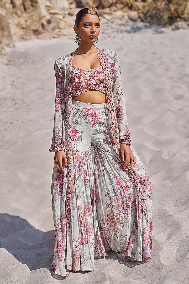 Light Grey Chiffon & Organza Printed Sharara Set by Ridhima Bhasin at Pernia's Pop Up Shop