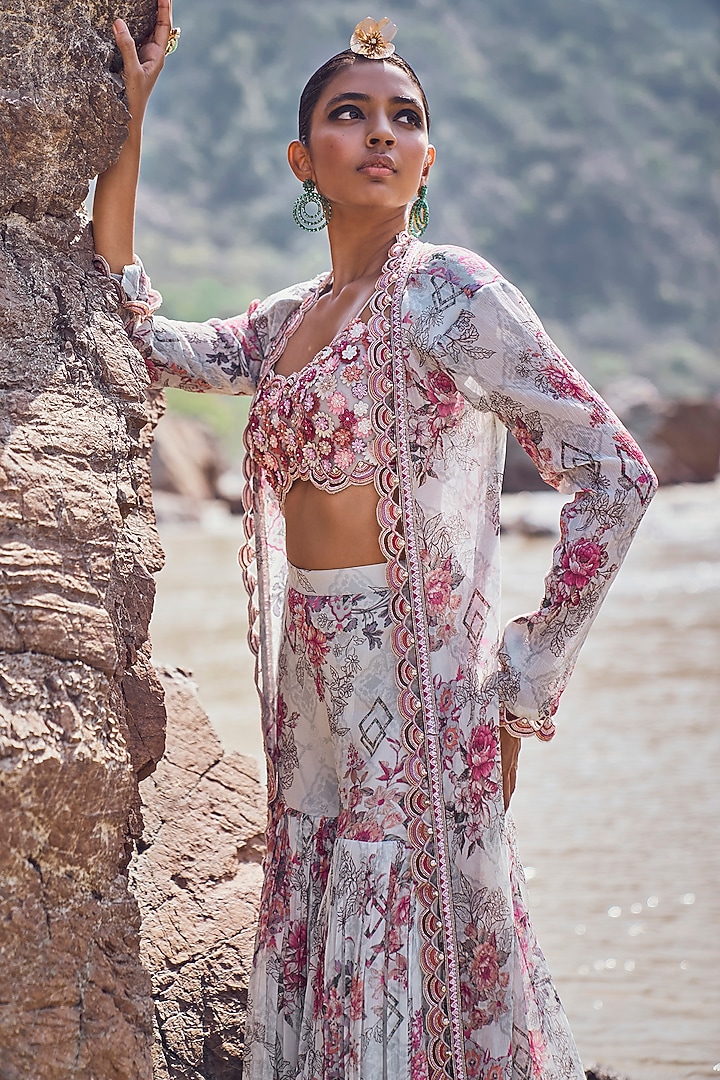 Light Grey Chiffon & Organza Printed Wedding Sharara Set by Ridhima Bhasin at Pernia's Pop Up Shop