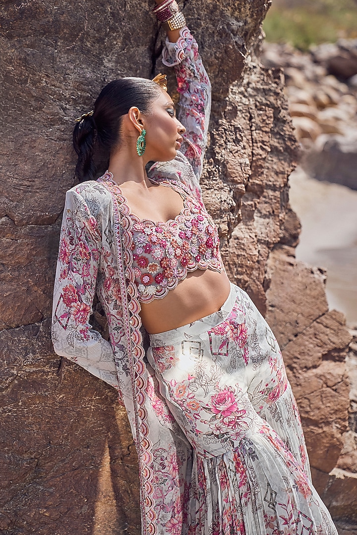 Light Grey Chiffon & Organza Printed Wedding Sharara Set by Ridhima Bhasin at Pernia's Pop Up Shop
