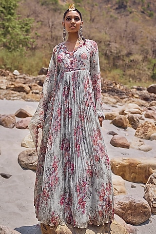 Light Grey Chiffon 3D Floral Anarkali Set by Ridhima Bhasin
