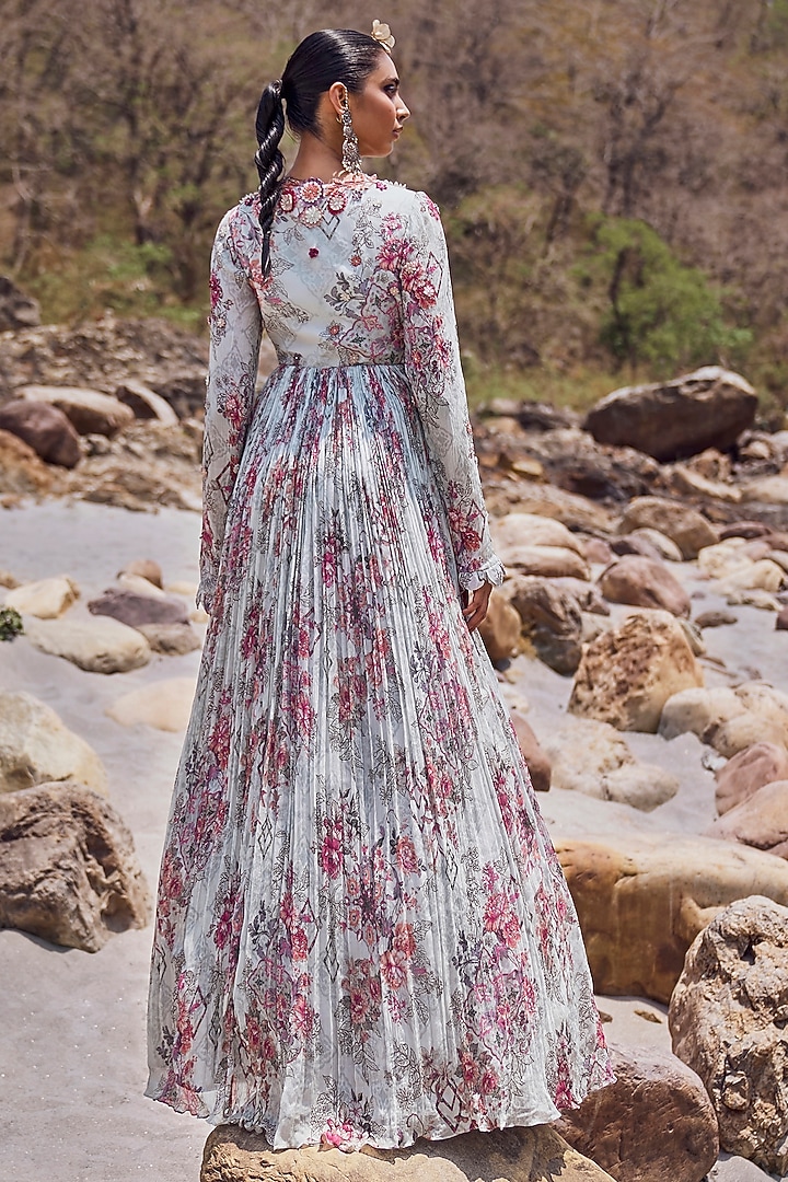 Light Grey Chiffon 3D Floral Wedding Anarkali Set by Ridhima Bhasin at Pernia's Pop Up Shop