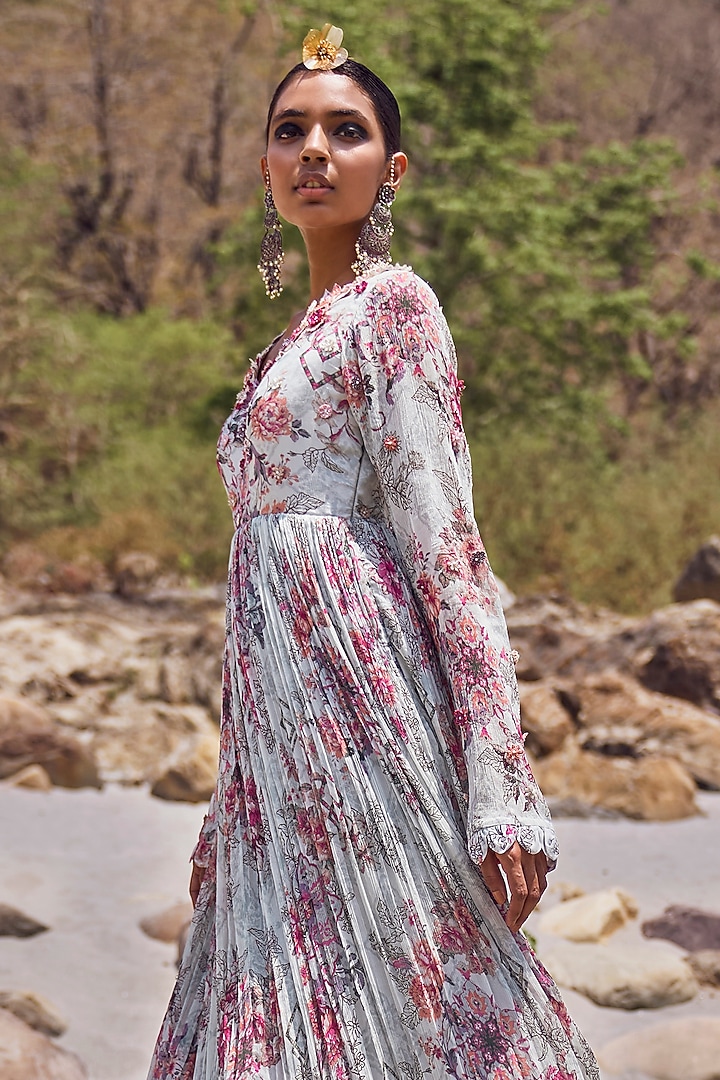 Light Grey Chiffon 3D Floral Wedding Anarkali Set by Ridhima Bhasin at Pernia's Pop Up Shop