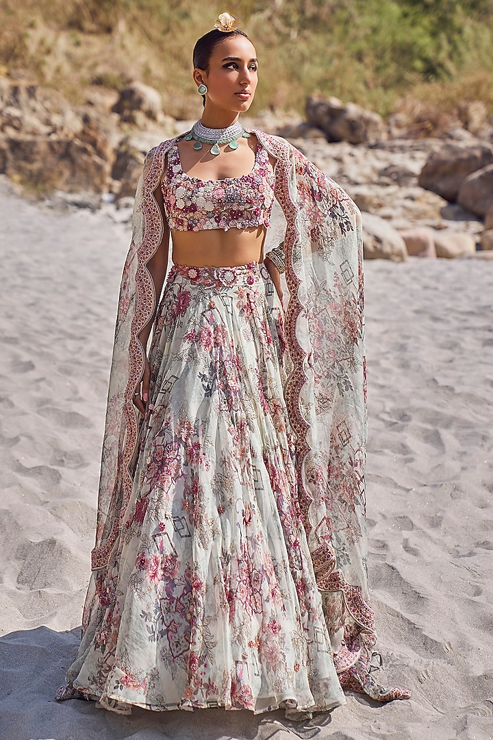 Light Grey Organza Printed Bridal Lehenga Set by Ridhima Bhasin at Pernia's Pop Up Shop