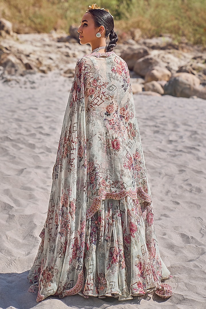 Light Grey Organza Printed Bridal Lehenga Set by Ridhima Bhasin at Pernia's Pop Up Shop