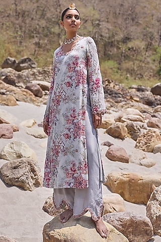Light Grey Georgette Embellished Kurta Set by Ridhima Bhasin